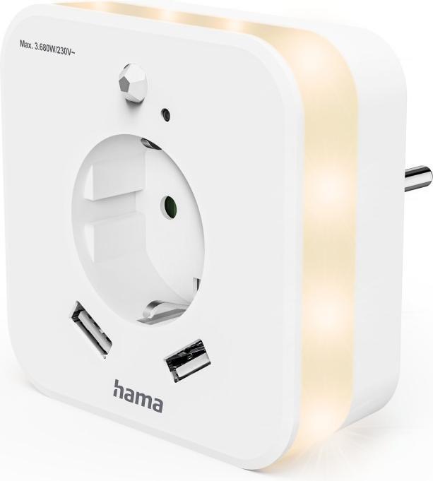 Hama LED-Nachtlicht mit Steckdose, 2 USB-Ausgänge, Bewegungsmelder, Lichtsensor