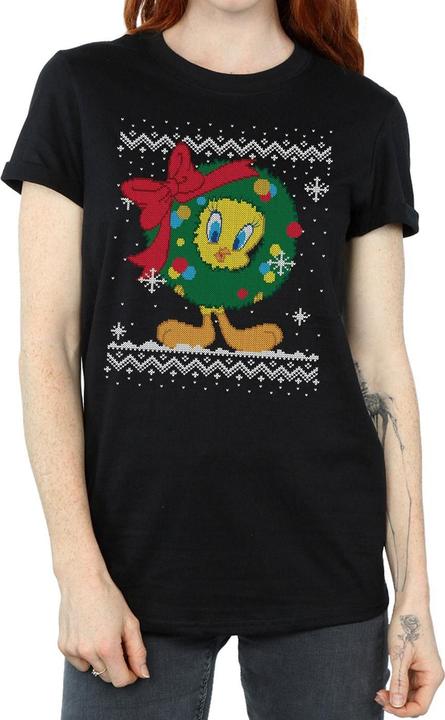 Actual product image Looney Tunes Womens/Ladies Tweety Pie Christmas Fair Isle Cotton Boyfriend T-Shirt (L)