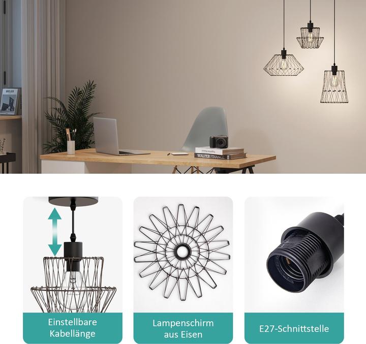 Actual product image Emke Lydia Pendant Light, E27 Retro Single Bulb Metallic Hanging Lamp, Black (E27)