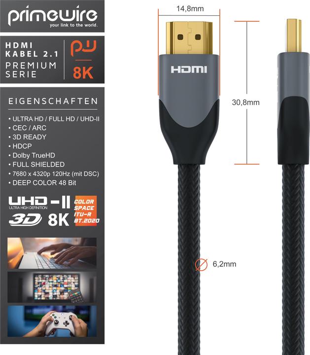 Actual product image Primewire HDMI Cable 2.1, Type A, 8K, Premium, Nylon Jacket, 7680 x 4320 @ 120 Hz - 4k@ 240 Hz with DSC (3 m, HDMI)