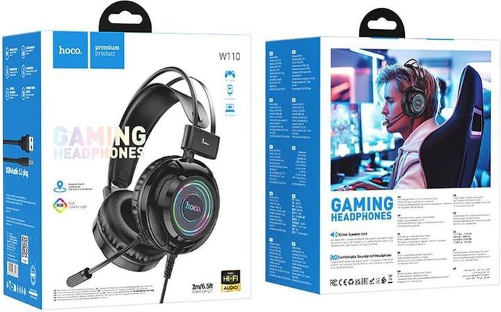 Actual product image Hoco Wired headphones wire headphones USB A + Jack 3,5 mm with microphone gaming W110 2 m black (Cable)