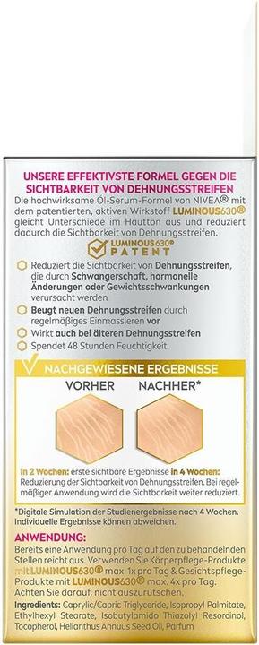 Valeurs nutritives et ingrédients NIVEA Sérum huileux lumineux pour le corps anti-vergetures (Huile pour le corps, 100 ml)