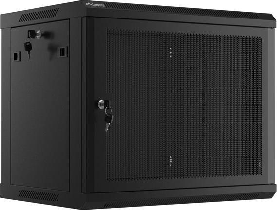 Produktbild Lanberg Nástěnná jednodílná skříň 19", 9U/600x450, (v rozloženém stavu), perforované dveře, černá ( (9 HE, 19 Zoll Rack)