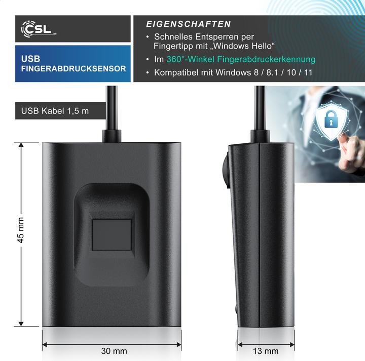 Produktbild CSL Fingerabdrucksensor, USB Fingerabdruckleser, 10 IDs, Rundumerkennung, plug & play, für Win 8/10/11