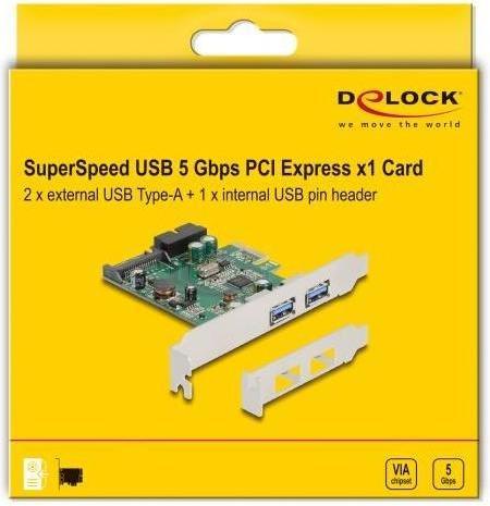 Image du produit Delock Carte PCI Express x1 vers 2 x externe USB 3.2 Gen 1 type A + 1 x interne USB 19 broches mâle