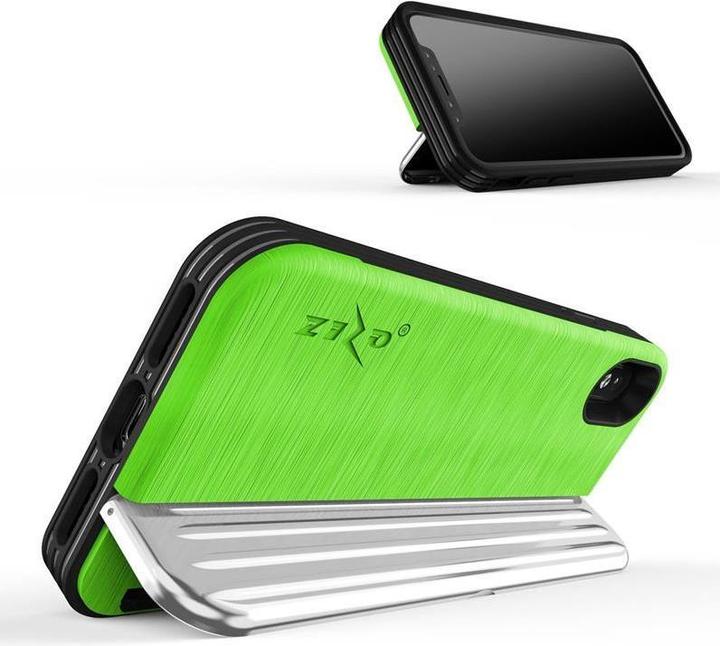 Actual product image Zizo Retro Series – iPhone Xs/X-Hülle mit Kartenfach + Ständer + 9H-Glasscheibe (Neongrün/Silber) (Apple iPhone XS)