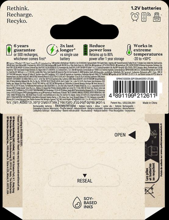 Immagine prodotto GP Batteries GP - Batterie ricaricabili ReCyko NiMH 130AAHCE, confezione da 4 pezzi (4 pz., AA, 1300 mAh)