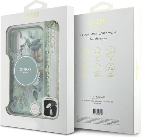 Actual product image Guess GUHMP16MHFWBRCESN iPhone 16 Plus 6.7" zielony/green hardcase IML Flowers With Pearl Strap MagS