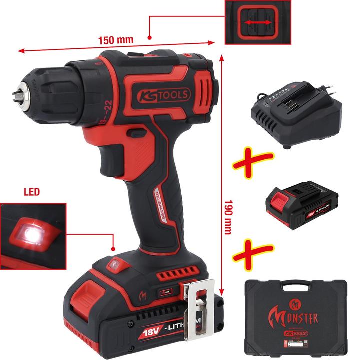 Actual product image KS Tools eMONSTER brushless cordless drill and screwdriver set, 4 pcs| 18 volt, 2 batteries and charger (Rechargeable battery operated)
