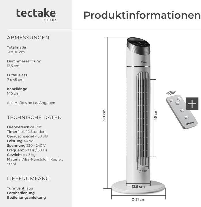 Image du produit tectake Ventilateur colonne (50 dB)