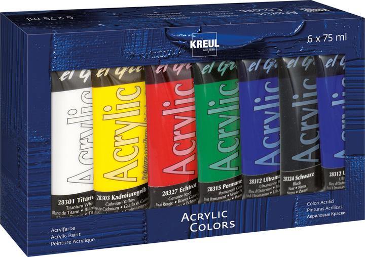 Produktbild Kreul el Greco Acrylic 6er Set (Ultramarinblau, Titanweiss, Kadmiumgelb, Permanentgrün, Schwarz, Echtrot, 450 ml)