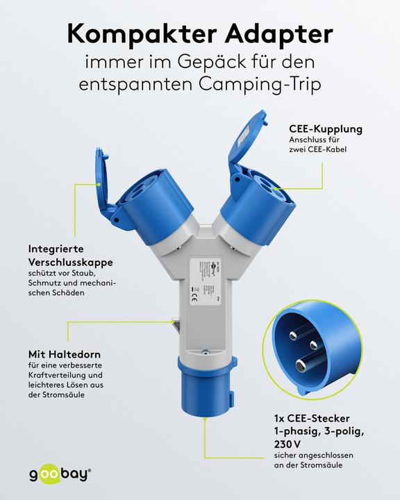 Image du produit Goobay CEE-Adapter, CEE-Stecker auf 2x CEE-Kupplung (CEE 7/3, CEE)