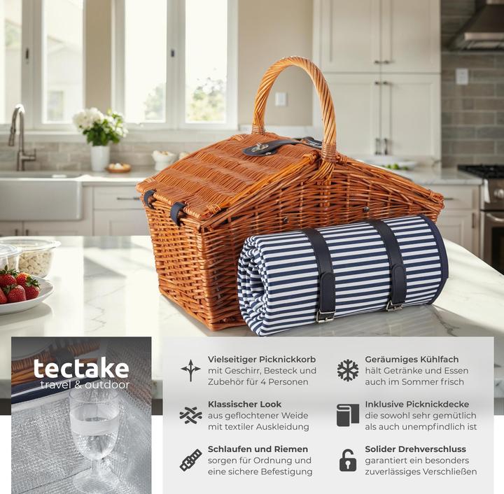 Produktbild tectake Picknickkorb Usedom für 4 Personen, mit Kühlfach & Zubehör