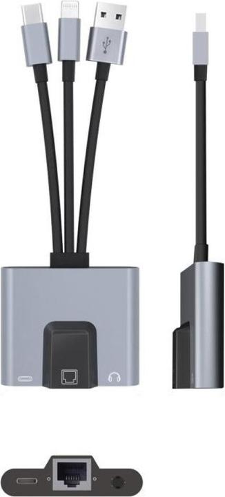 Immagine prodotto PowerGuard 3-in-1 USB-C/USB-A Lightning Multiport Adapter to RJ45 Ethernet 3.5mm Audio (USB-A, Lightning, USB tipo C, Jack da 3.5mm)