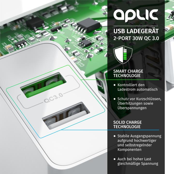 Produktbild Aplic USB Ladegerät 3000 mA, 2 Port, 30W, Quick Charge 3.0 (QC 3.0) Schnelladefunktion, weiss (30 W)