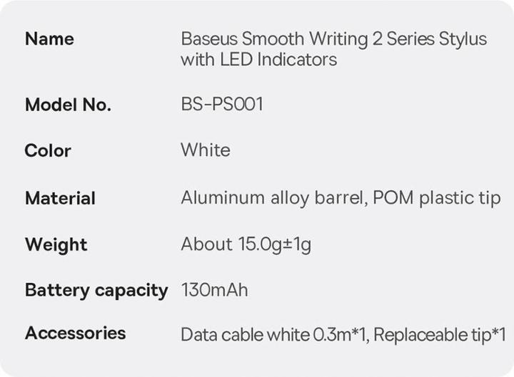 Nährwerte und Zutaten Baseus Smooth Writing 2 Stylus Pen mit LED-Anzeigen (Baltas)