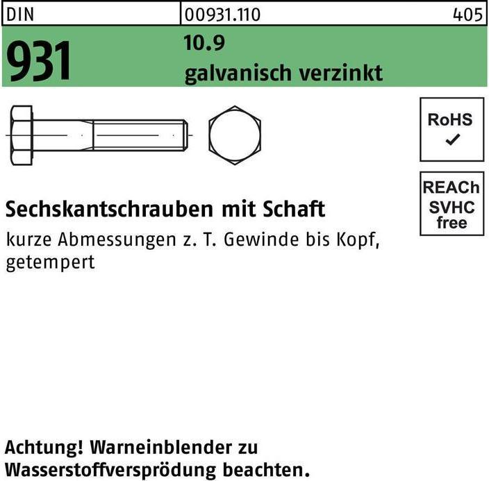 Produktbild Sechskantschraube DIN 931 m.Schaft M 24 x 170 10.9 galvanisch verzinkt (10 Schrauben pro Stück)