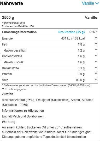 Nährwerte und Zutaten MyProtein Impact Whey Isolate (Vanille, 1 Stk., 2500 g)