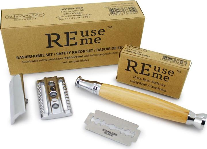 Produktbild ReUseMe Rasierhobel aus Holz hellbraun mit Stahlklinge inklusive 10 Ersatzklingen
