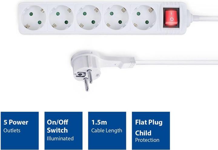 Immagine prodotto Power strip with illuminated switch and flat plug, 5 sockets, 1.5 m, white (5 x, CEE 7/3, 1.50 m)
