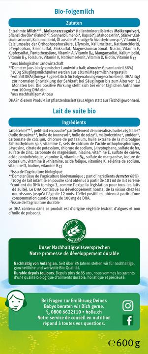 Label énergétique Holle Lait de suite 3 (600 g, à partir de 10 m.)