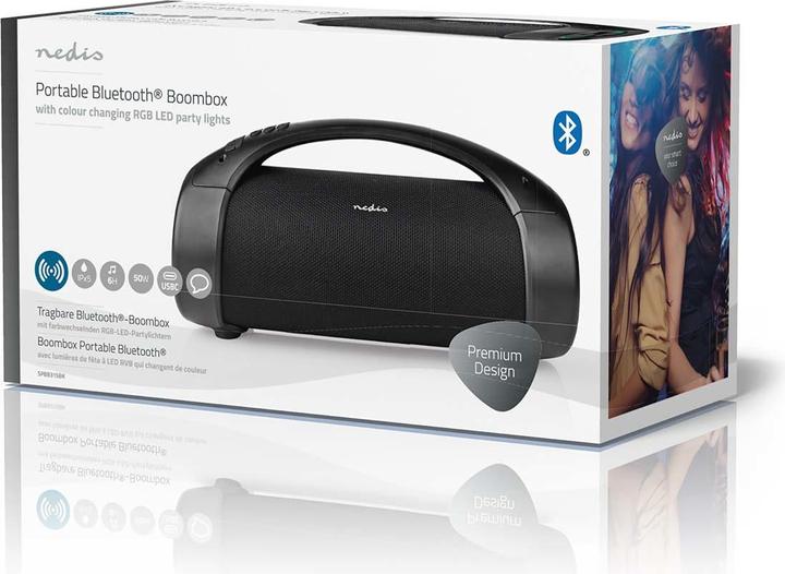 Immagine prodotto Nedis Bluetooth® Party Boombox 6 ore 2.0 50 W Riproduzione multimediale: AUX/USB IPX5 Maniglia di (6 h, Batteria ricaricabile)