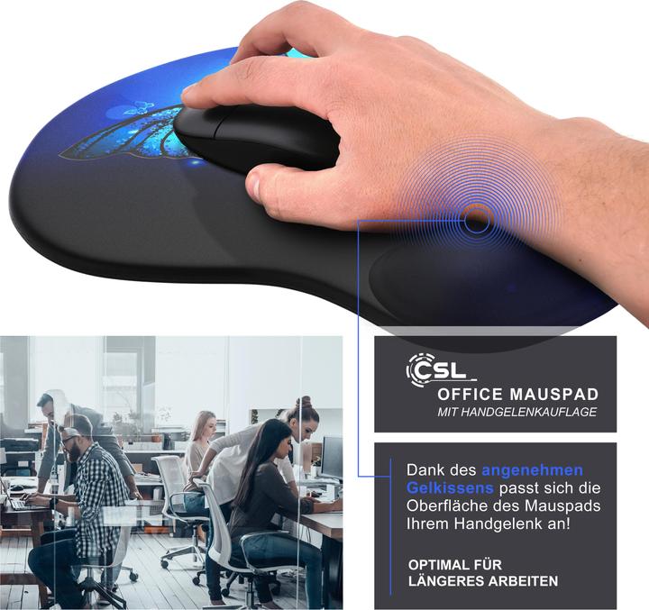 Produktbild CSL Mauspad mit Gelkissen & Handgelenkauflage, Komfort Office Mausmatte, butterfly