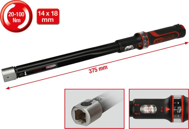 Produktbild KS Tools ERGOTORQUE®precision Einsteck-Drehmomentschlüssel, 14x18 mm, 20-100 Nm (20 Nm, 100 Nm)