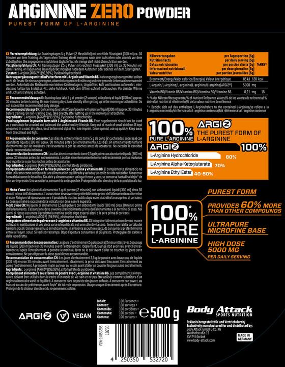 Actual product image Body Attack Arginine Zero (500g bag) (Neutral, 1 pcs., 500 g)