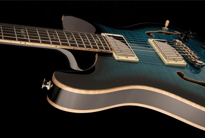 Actual product image PRS SE Hollowbody II Piezo Peacock Blue Burst (Electric guitar, mahogany, Ebony, Beveled Maple Top with Flame Maple Veneer, Beveled Maple Back with Flame Maple Veneer)