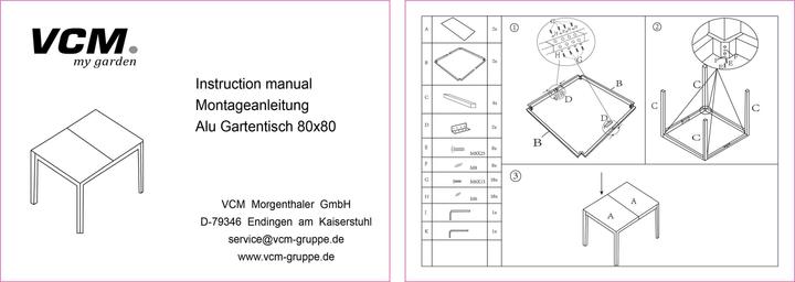 Produktbild VCM Alu Tisch Glas Esstisch Gartentisch Balkontisch Gartenmöbel Schwarzglas (80 cm)