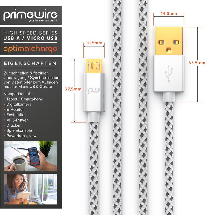 Immagine prodotto Primewire Cavo Micro USB - Cavo di ricarica rapida MicroUSB 2.4A, nylon, spina in metallo, cavo di ricarica (5 m, USB 2.0)