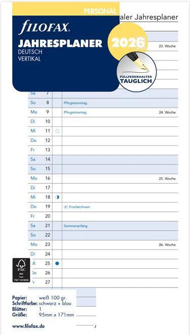 Actual product image Filofax PE ANNUAL PLAN 2026 VERTICAL (No binding, German)