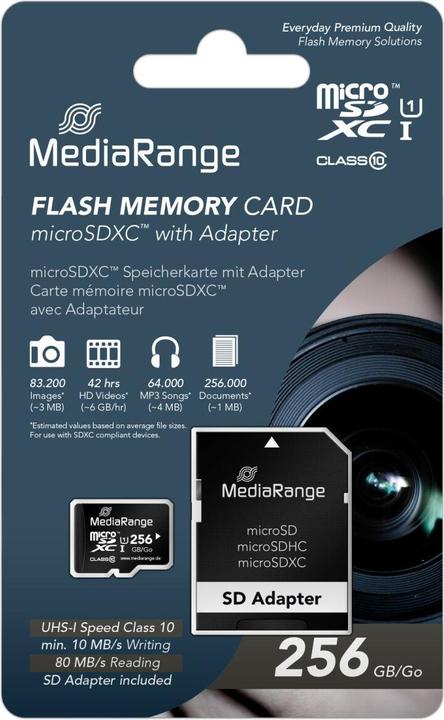 Actual product image MediaRange SD MicroSD Card UHS-1 Cl.10 incl. adapter (256 GB, microSDXC, U1, UHS-I)
