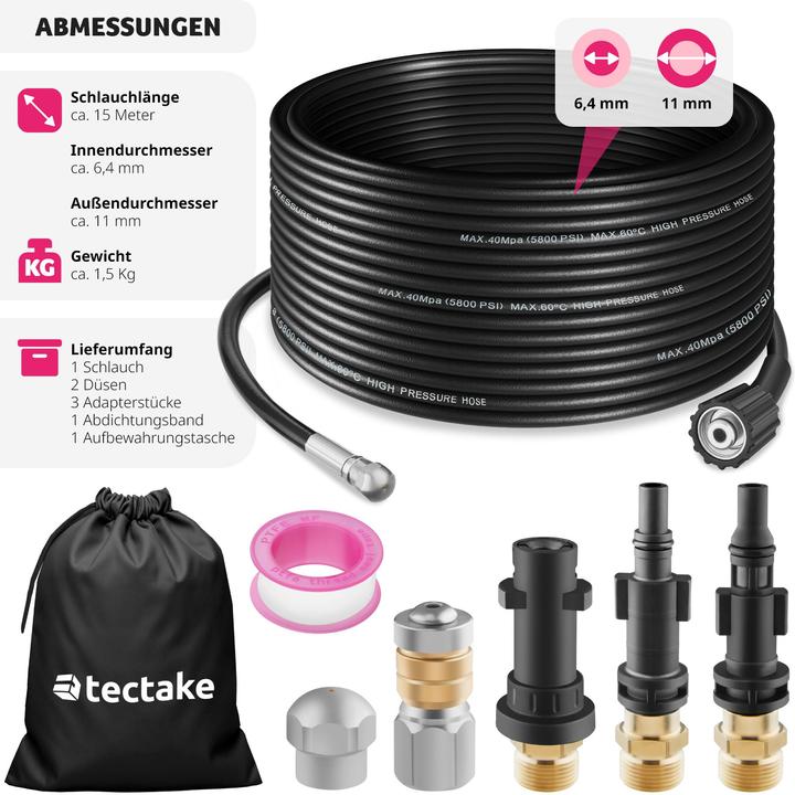 Immagine prodotto tectake Set di tubi per la pulizia dei tubi, inclusi 2 ugelli e 3 adattatori (1 pz.)