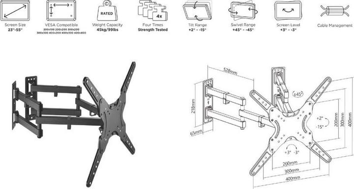 Actual product image equip Wall mount bracket 23"-55" TV&Monitor full movable (Wall, 55", 45 kg)