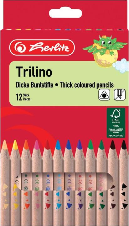 Herlitz Trilino triangular crayons, 12-count cardboard box made of cedar wood, natural, jumbo triangular (Wood, 12 x)