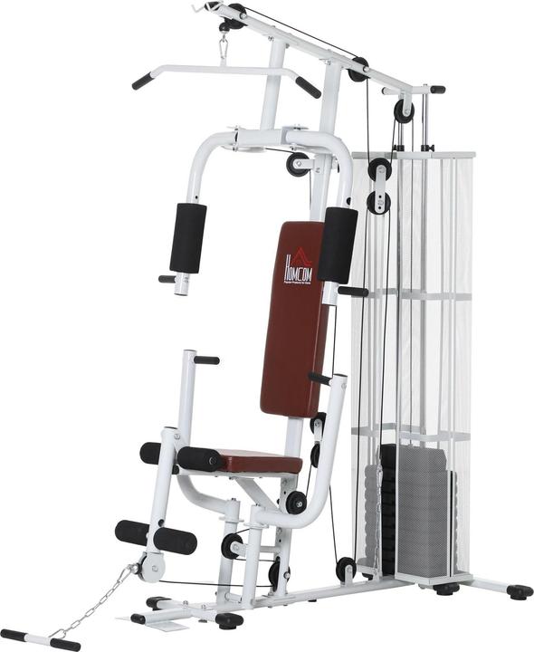 Produktbild Homcom Gym Kraftstation Multigym Fitnessgerät inkl. Gewichten Metall PU-Kunstleder Weiss 150x110x210cm