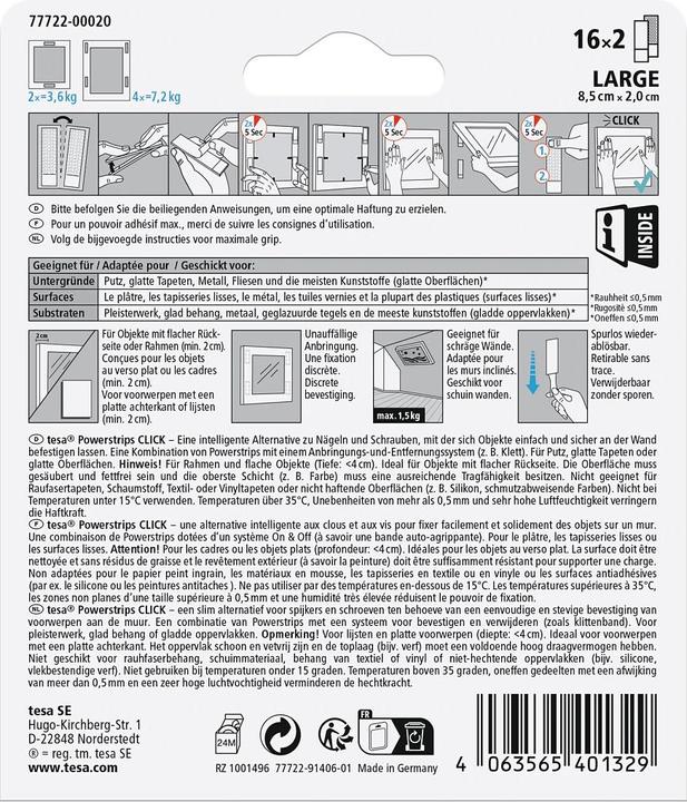 Nährwerte und Zutaten tesa Powerstrips Klett-Klebepads (7.20 kg)
