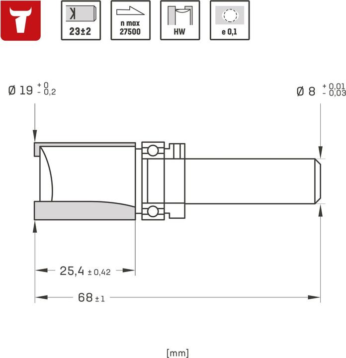Produktbild Stier Bündigfräser D 19 mm NL 25 mm S8 mm mit Anlaufkugellager