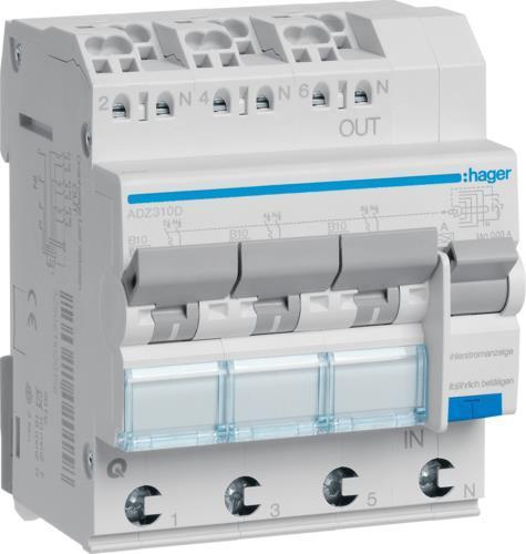 Image du produit Hager HAG ADZ310D FI-LS 3X 1P+N 6kA B-10A 30mA Type A QC