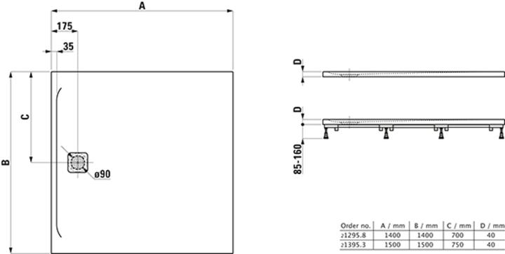 Image du produit Laufen Receveur de douche PRO carr. Abl latéral 1500x1500x40mm blanc ma