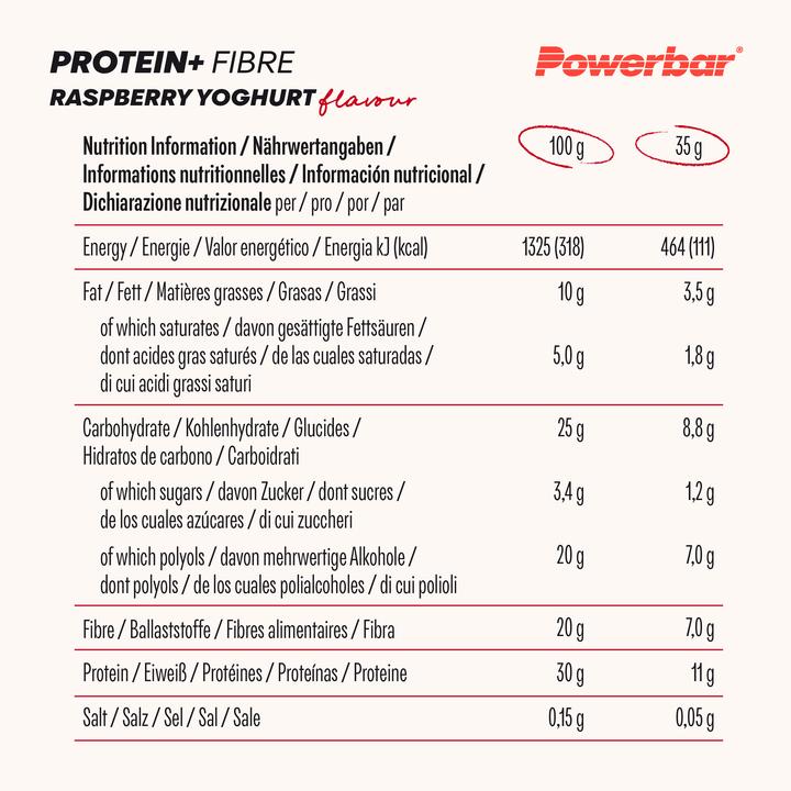 Nährwerte und Zutaten Powerbar Protein Plus Low Sugar Multiflavour Box (Schokolade, Vanille, Himbeere, Joghurt, Brownie, Espresso, 16 Stk., 560 g)