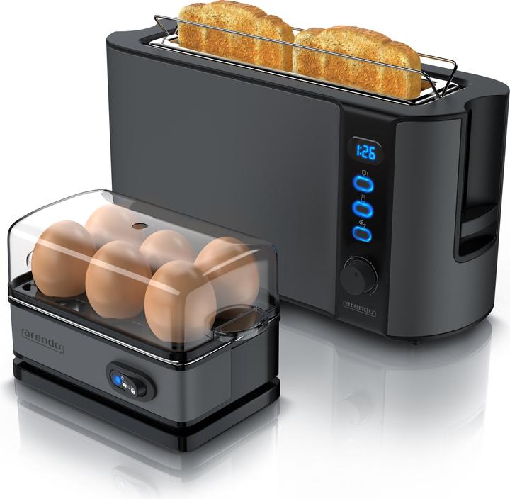 Actual product image Arendo Breakfast set, 2-slice long slot toaster with bread roll top & egg boiler for 6 eggs, grey (EU plug)