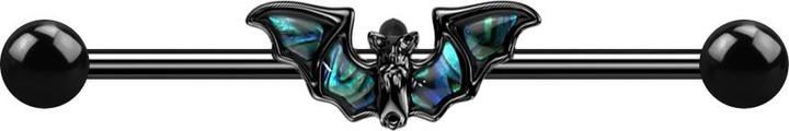 Produktbild Hollywood Body Jewelry Barbell schwarz mit zwei Kugeln und Fledermaus mit Abalone (ohne Messing, Chirurgenstahl 316L)