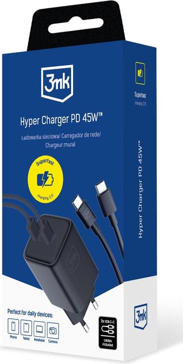 Produktbild 3MK Hyper Charger PD 45W ład. sieć. czarna/black + 2x USB-C Cables (45 W)