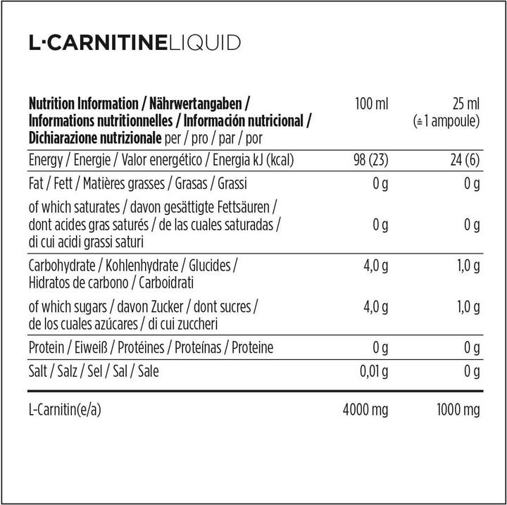 Valori nutrizionali e ingredienti Powerbar L-Carnitina liquida (20 Pezzo/i, Fiala, 600 g)