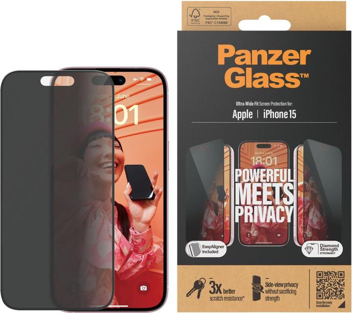 Actual product image PanzerGlass Privacy Screen Protector Ultra-Wide Fit w. EasyAlig. (1 Piece, Apple iPhone 15)