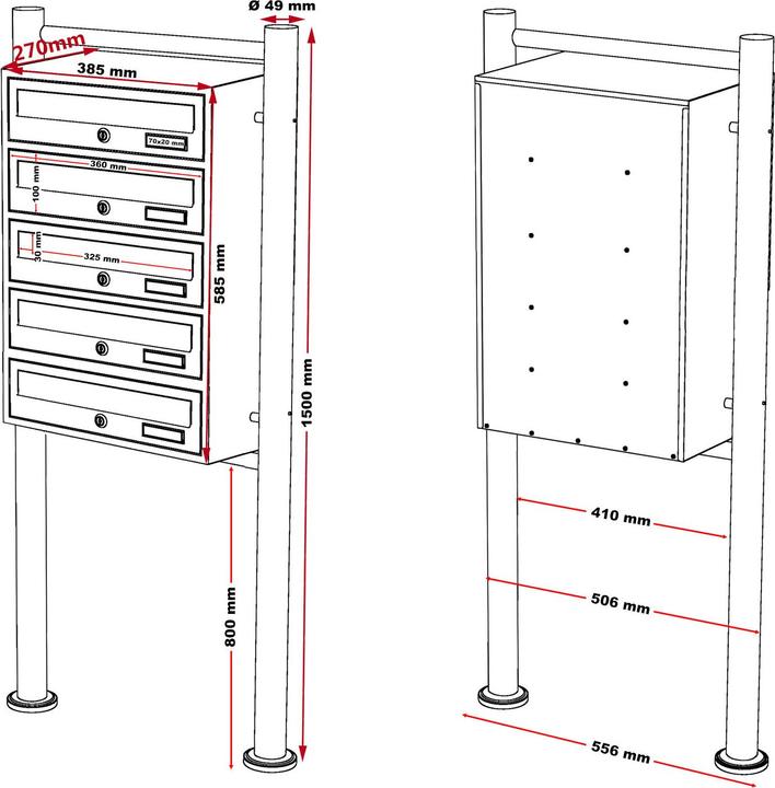 Produktbild Wiltec 5er Briefkastenanlage Edelstahl 513x270x1500mm Standbriefkasten Post