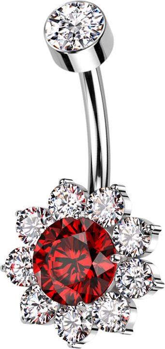 Hollywood Body Jewelry Banane Innengewinde silber mit Zylinder silber Kristall silber und Blume grosser Kristall rot Krista (Titan G23, ohne Messing)